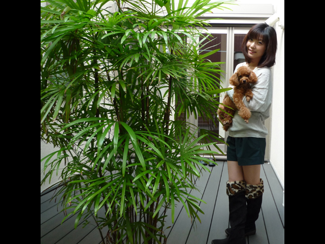 自宅パティオにて。愛犬フェリーチェと